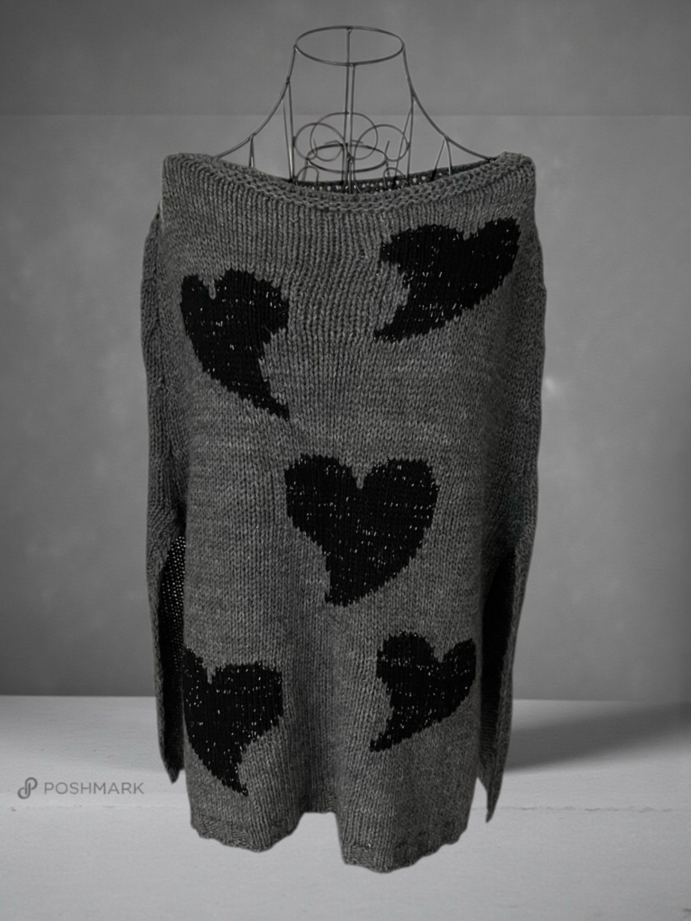 💖 Cocogio Charcoal Heart Knit Poncho 💖